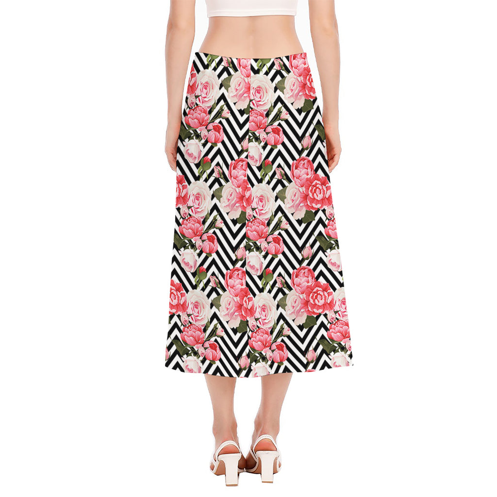 Zigzag Peony And Rose Pattern Print Side Slit Midi Skirt