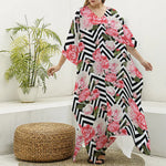 Zigzag Peony And Rose Pattern Print Silk V-Neck Kaftan Dress
