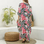 Zigzag Peony And Rose Pattern Print Silk V-Neck Kaftan Dress