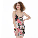 Zigzag Peony And Rose Pattern Print Sleeveless Bodycon Dress