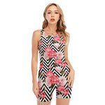 Zigzag Peony And Rose Pattern Print Sleeveless One Piece Swimsuit