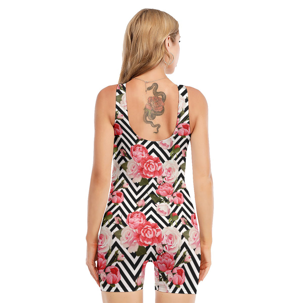 Zigzag Peony And Rose Pattern Print Sleeveless One Piece Swimsuit