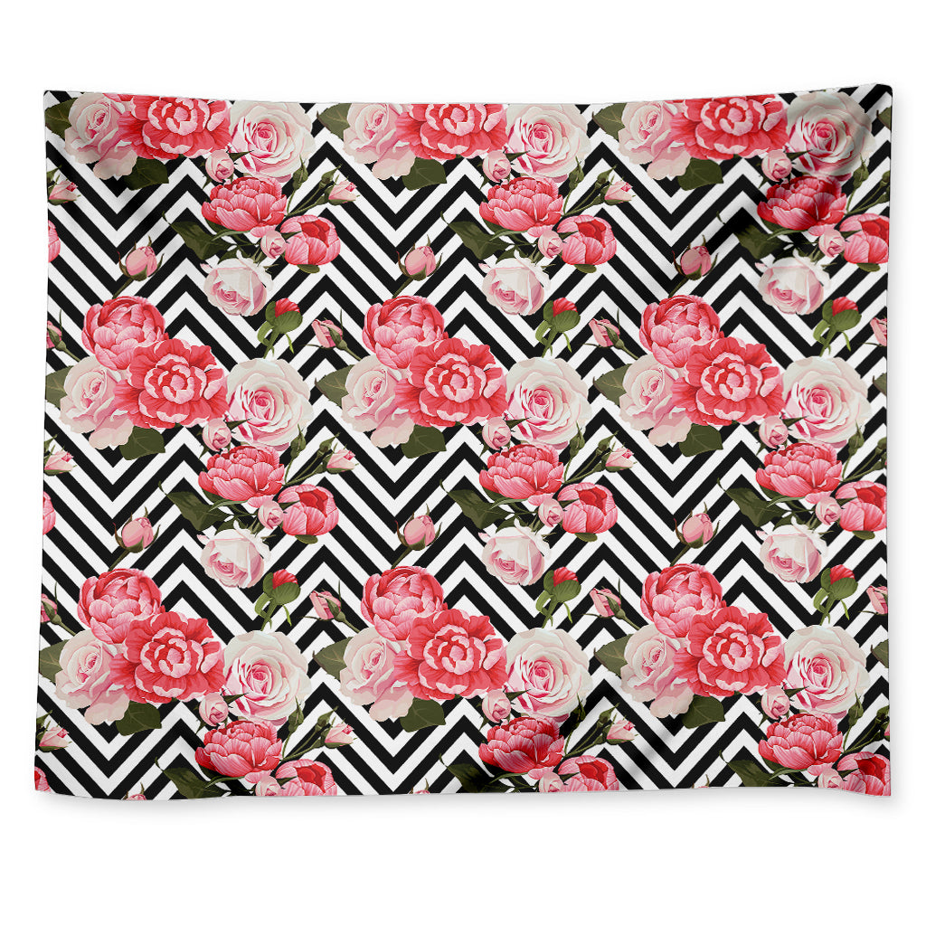 Zigzag Peony And Rose Pattern Print Tapestry