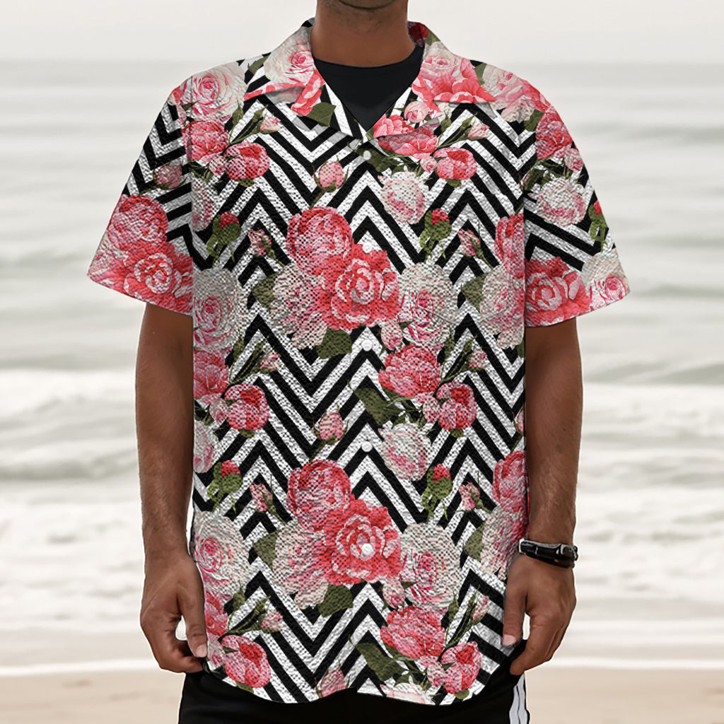 Zigzag Peony And Rose Pattern Print Textured Short Sleeve Shirt