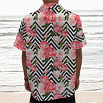 Zigzag Peony And Rose Pattern Print Textured Short Sleeve Shirt