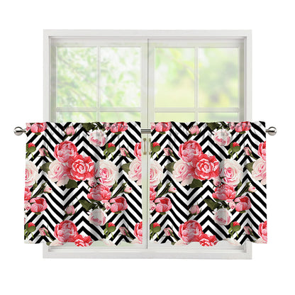 Zigzag Peony And Rose Pattern Print Tier Curtains