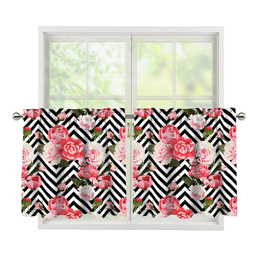 Zigzag Peony And Rose Pattern Print Tier Curtains