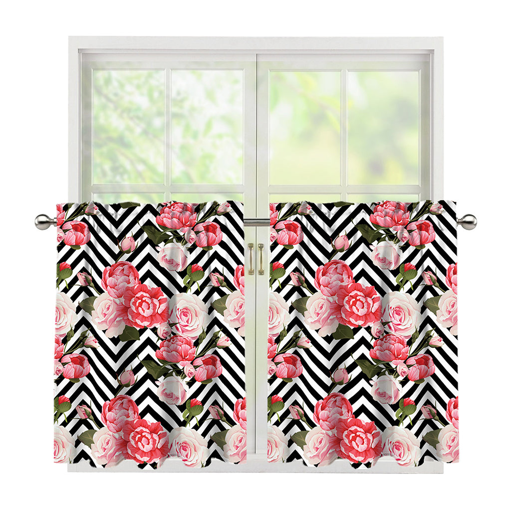 Zigzag Peony And Rose Pattern Print Tier Curtains