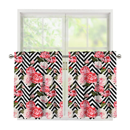 Zigzag Peony And Rose Pattern Print Tier Curtains