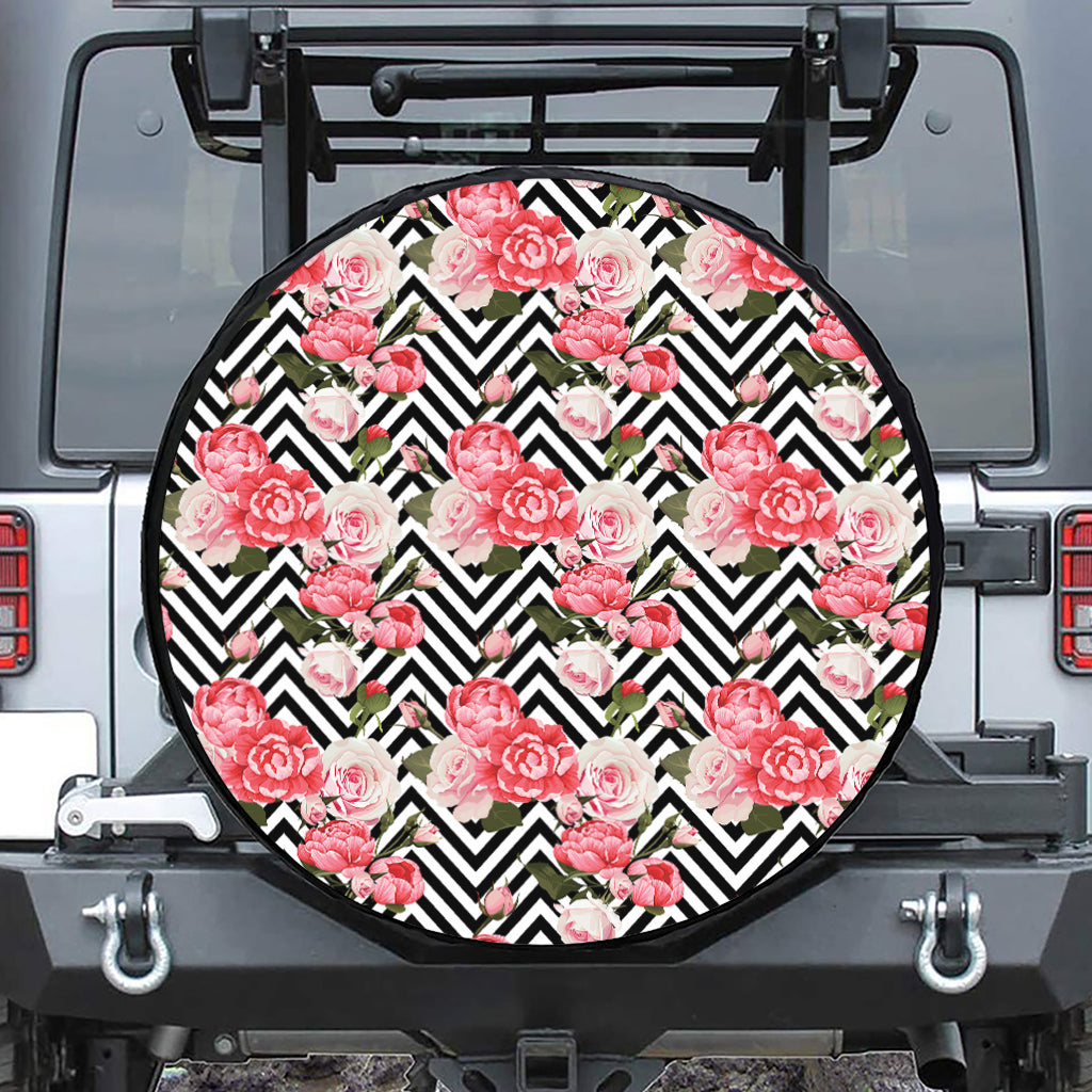 Zigzag Peony And Rose Pattern Print Tire Cover