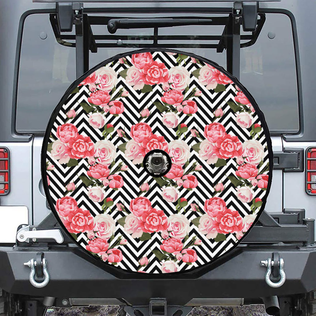 Zigzag Peony And Rose Pattern Print Tire Cover With Camera Hole