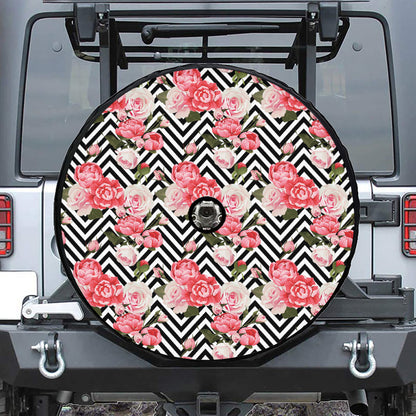 Zigzag Peony And Rose Pattern Print Tire Cover With Camera Hole