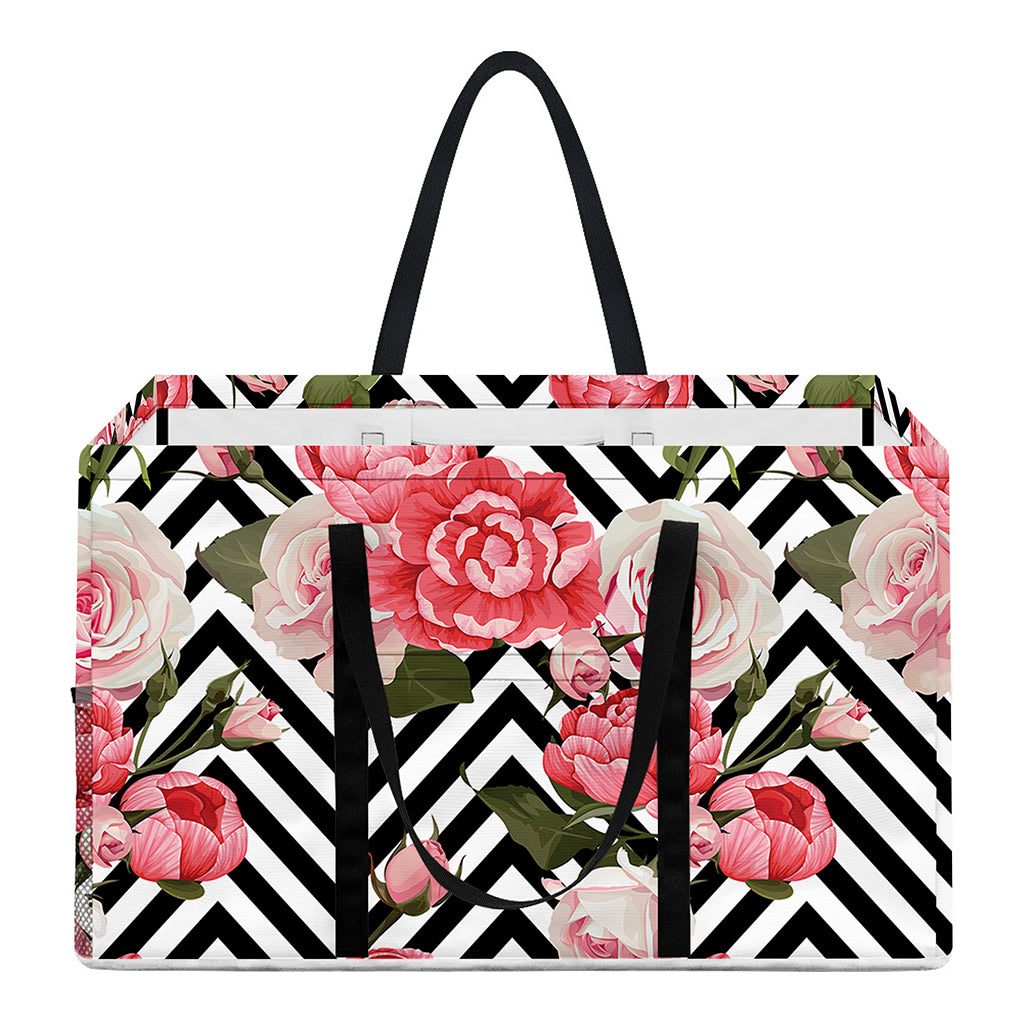 Zigzag Peony And Rose Pattern Print Utility Tote Bag
