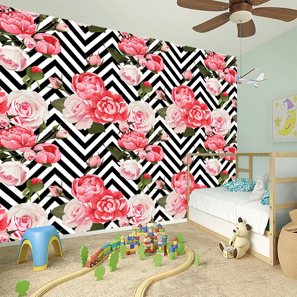 Zigzag Peony And Rose Pattern Print Wall Sticker