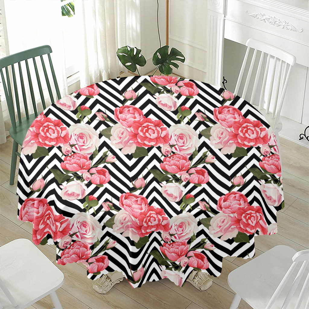Zigzag Peony And Rose Pattern Print Waterproof Round Tablecloth