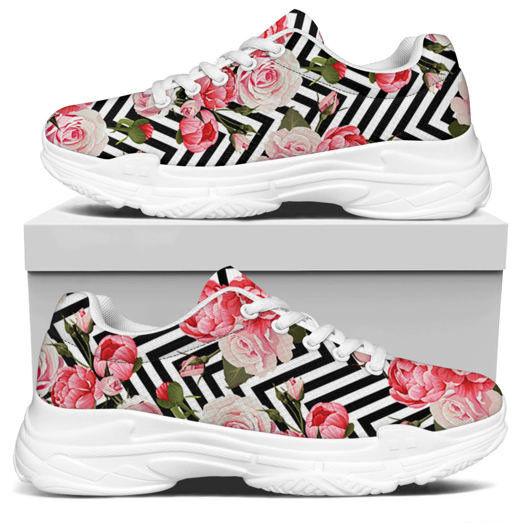Zigzag Peony And Rose Pattern Print White Chunky Shoes