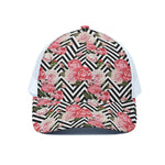 Zigzag Peony And Rose Pattern Print White Mesh Trucker Cap