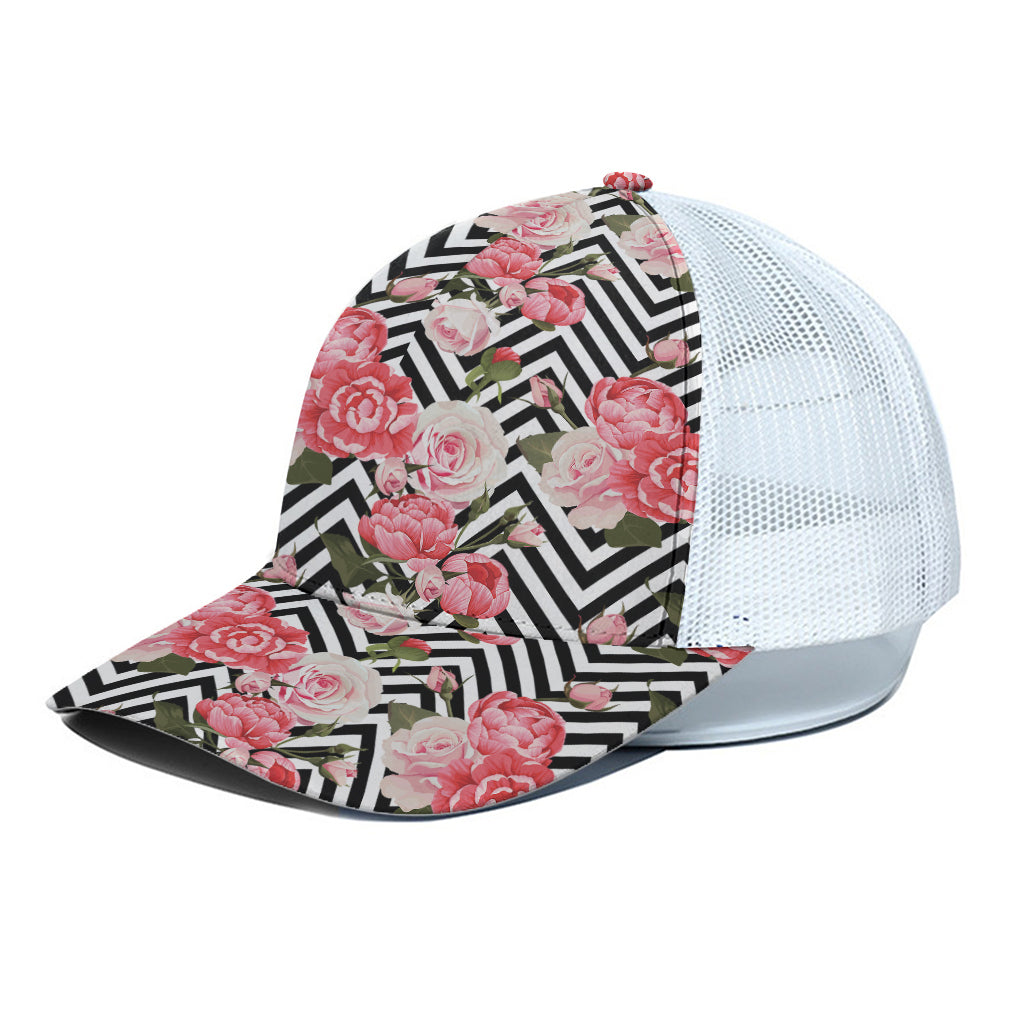 Zigzag Peony And Rose Pattern Print White Mesh Trucker Cap