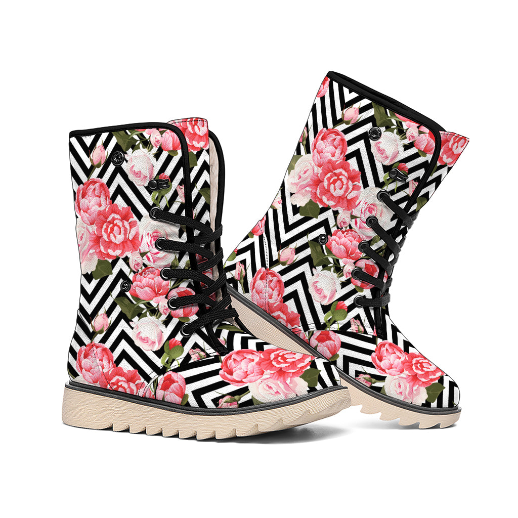 Zigzag Peony And Rose Pattern Print Winter Boots