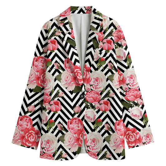 Zigzag Peony And Rose Pattern Print Women's Blazer