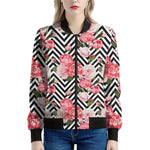 Zigzag Peony And Rose Pattern Print Women's Bomber Jacket