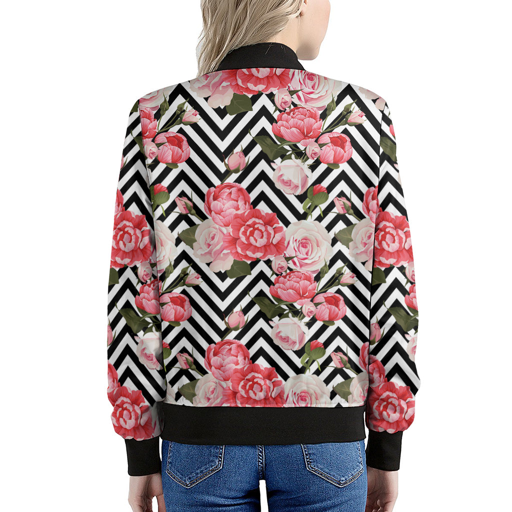 Zigzag Peony And Rose Pattern Print Women's Bomber Jacket