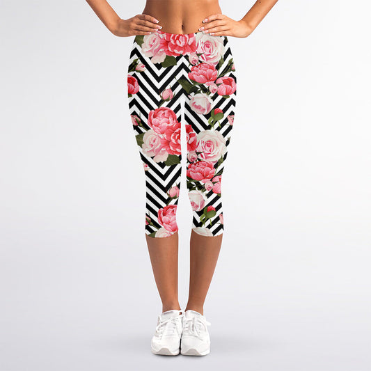 Zigzag Peony And Rose Pattern Print Women's Capri Leggings