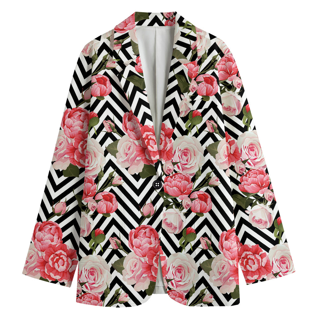 Zigzag Peony And Rose Pattern Print Women's Cotton Blazer