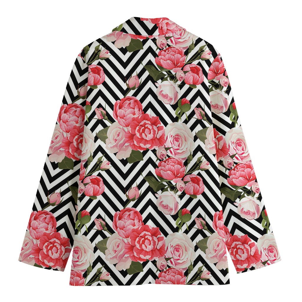 Zigzag Peony And Rose Pattern Print Women's Cotton Blazer