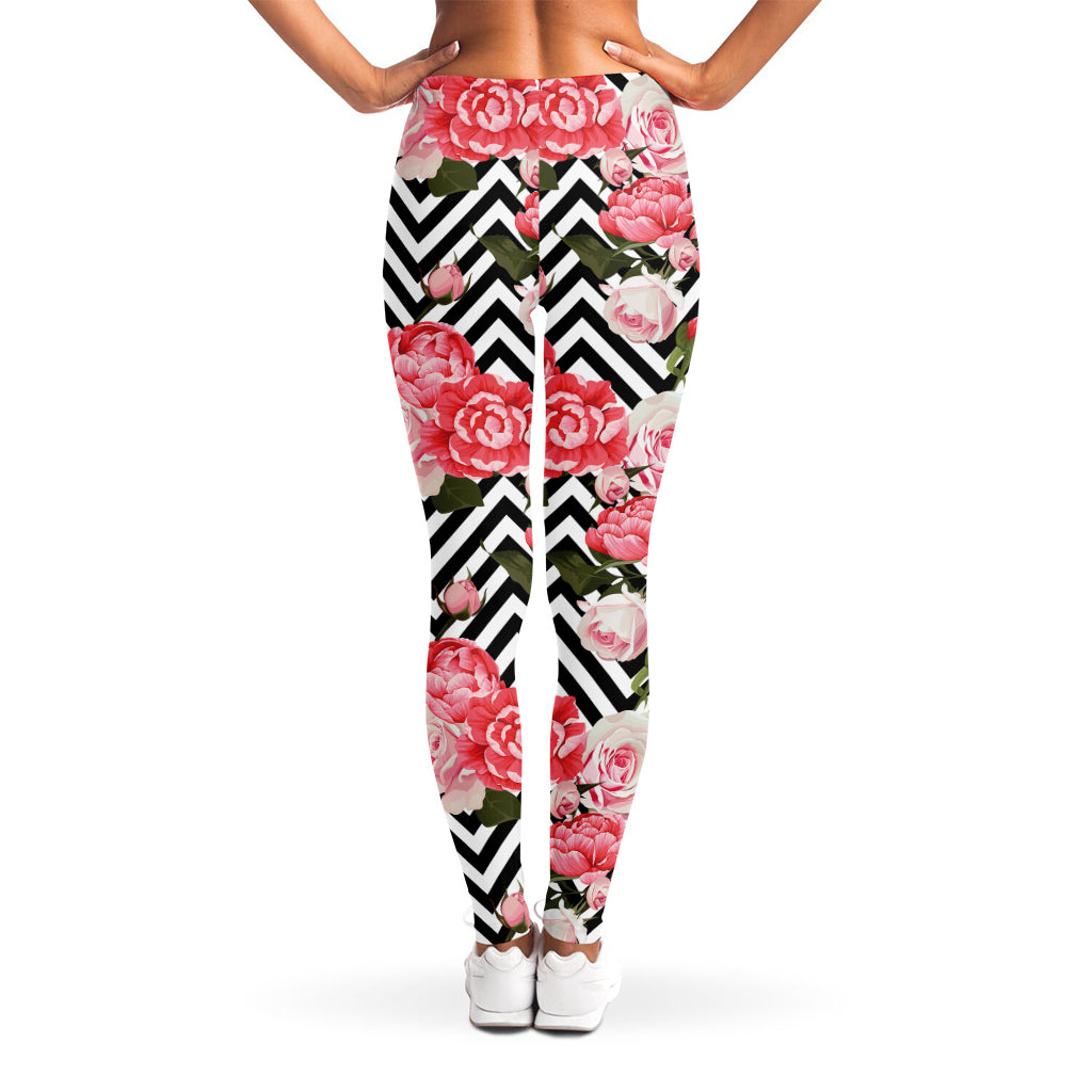 Zigzag Peony And Rose Pattern Print Women's Leggings