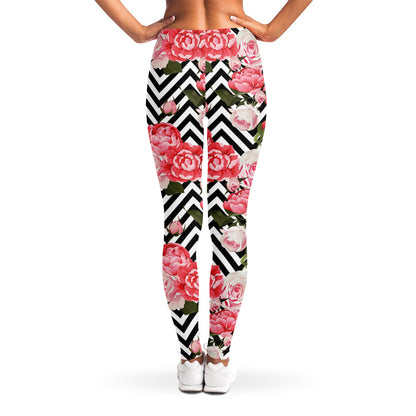 Zigzag Peony And Rose Pattern Print Women's Leggings