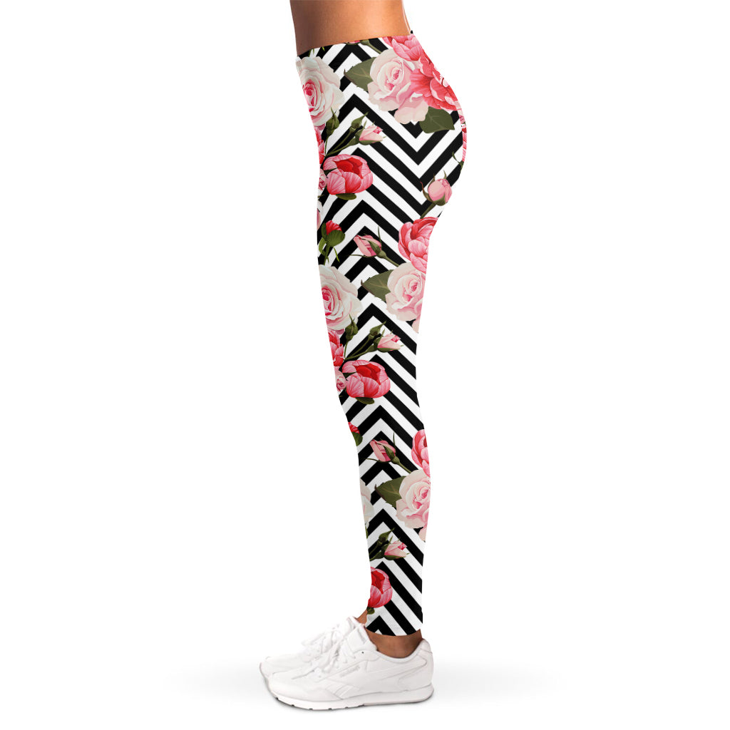 Zigzag Peony And Rose Pattern Print Women's Leggings