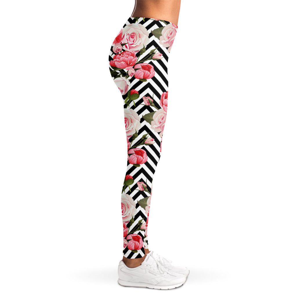 Zigzag Peony And Rose Pattern Print Women's Leggings