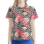 Zigzag Peony And Rose Pattern Print Women's Polo Shirt