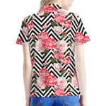 Zigzag Peony And Rose Pattern Print Women's Polo Shirt