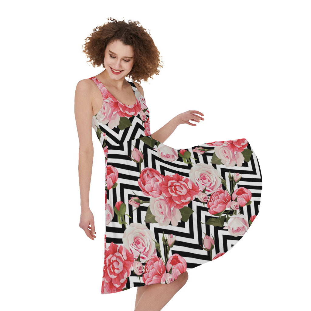 Zigzag Peony And Rose Pattern Print Women's Sleeveless Dress
