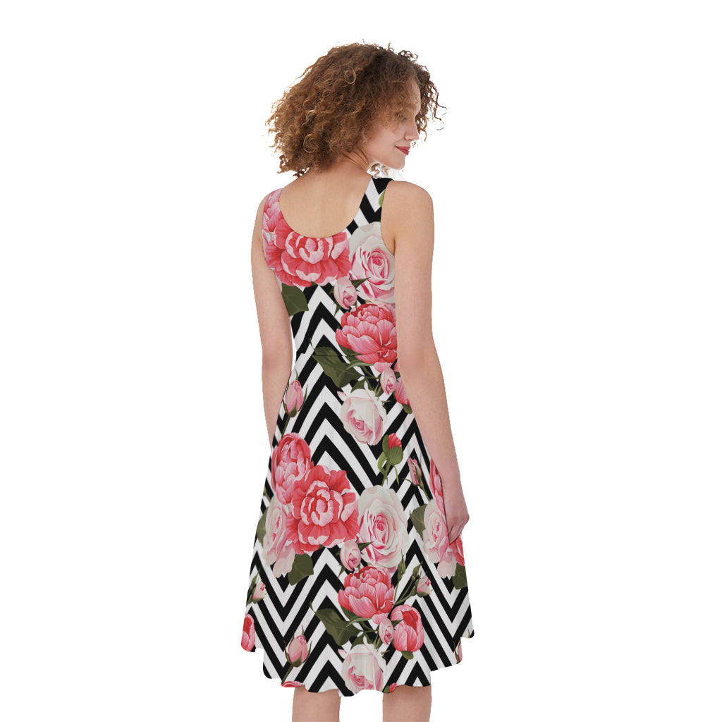 Zigzag Peony And Rose Pattern Print Women's Sleeveless Dress