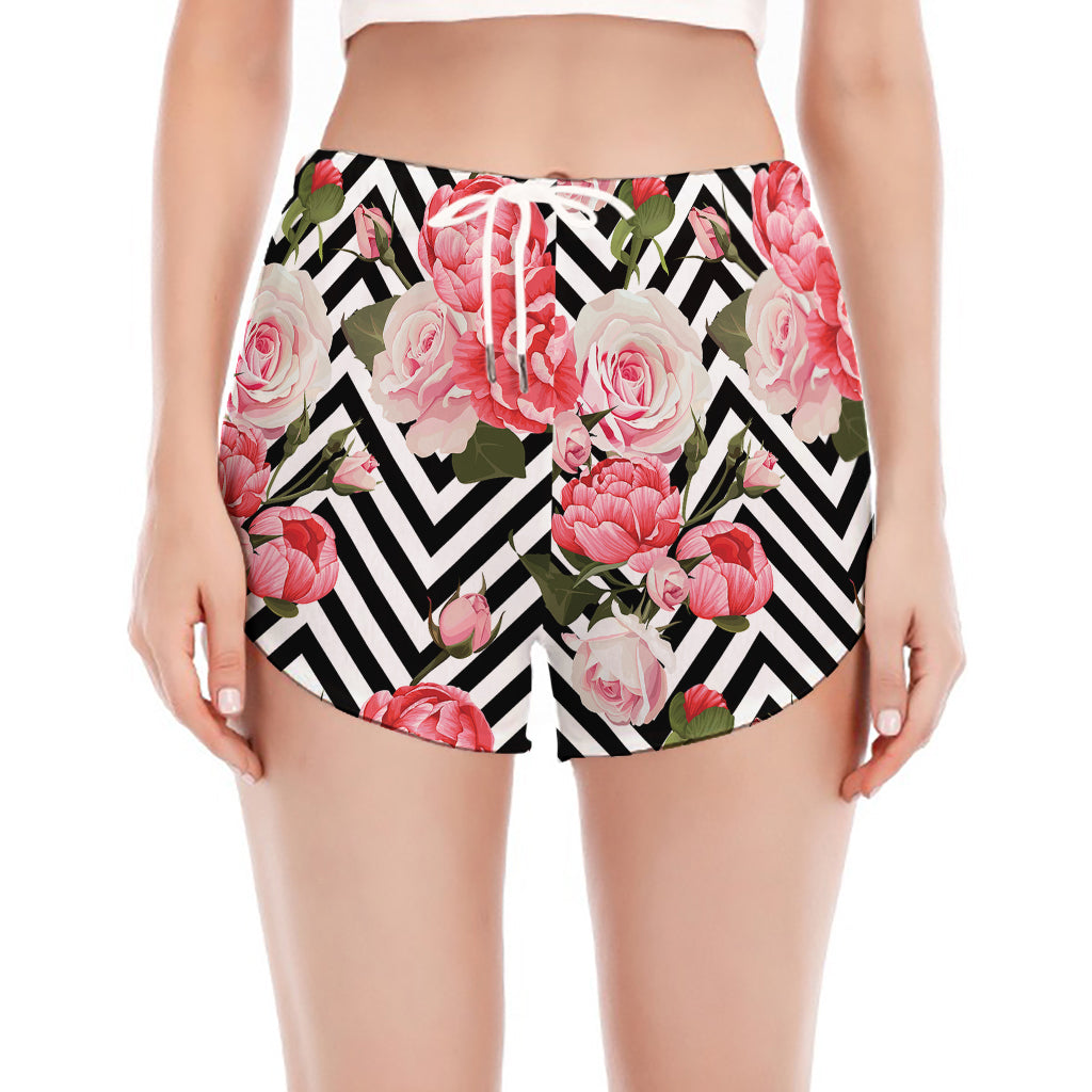 Zigzag Peony And Rose Pattern Print Women's Split Running Shorts