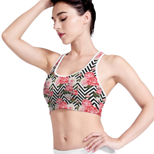 Zigzag Peony And Rose Pattern Print Women's Sports Bra