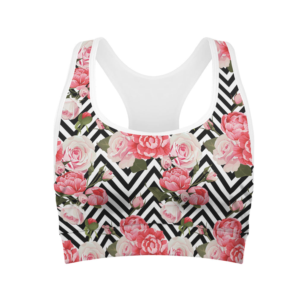 Zigzag Peony And Rose Pattern Print Women's Sports Bra