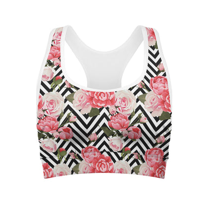 Zigzag Peony And Rose Pattern Print Women's Sports Bra