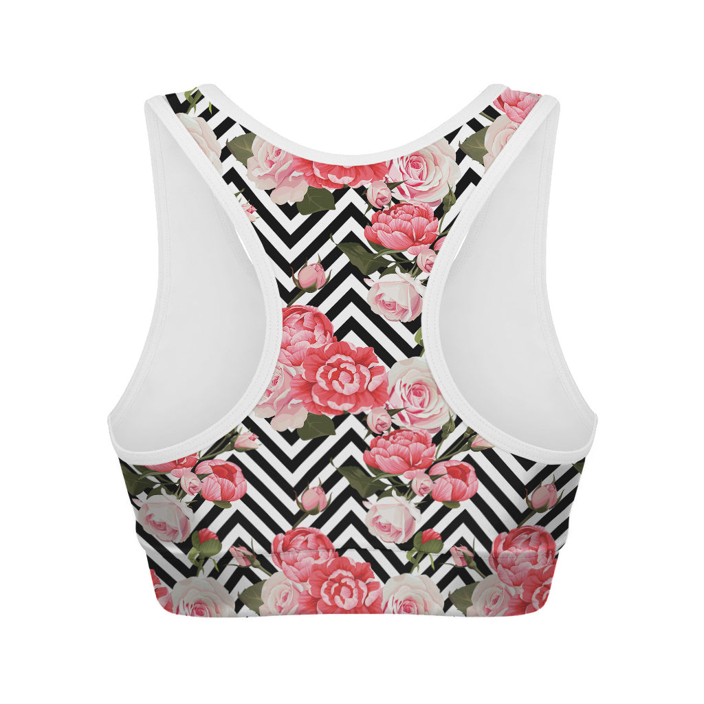 Zigzag Peony And Rose Pattern Print Women's Sports Bra