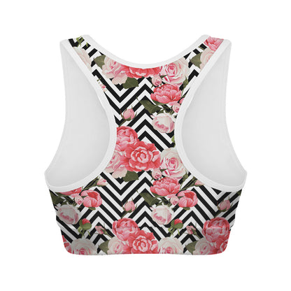 Zigzag Peony And Rose Pattern Print Women's Sports Bra
