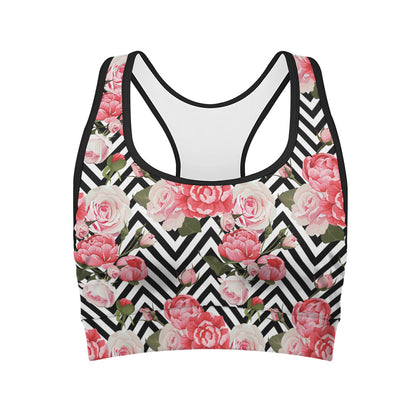 Zigzag Peony And Rose Pattern Print Women's Sports Bra