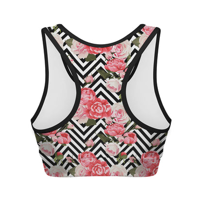 Zigzag Peony And Rose Pattern Print Women's Sports Bra