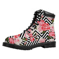 Zigzag Peony And Rose Pattern Print Padded Collar Lace Up Boots