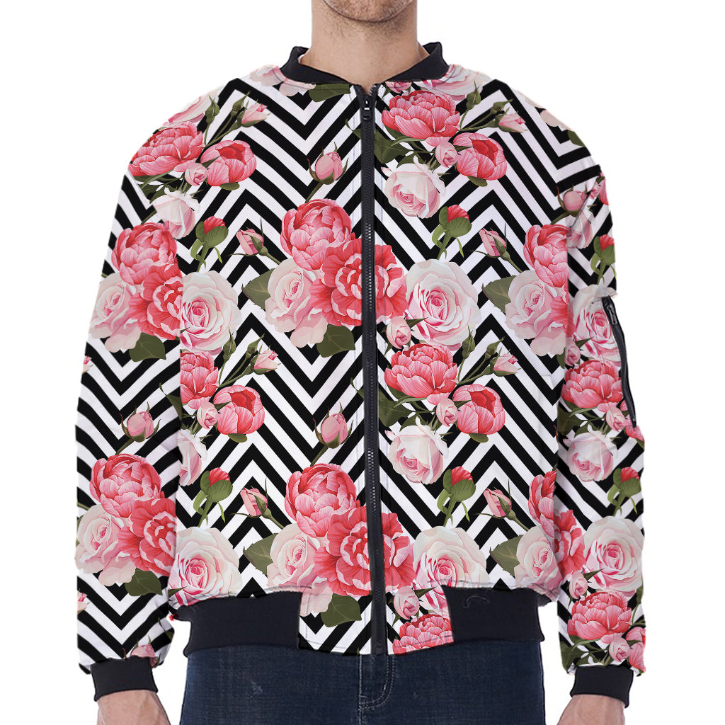 Zigzag Peony And Rose Pattern Print Zip Sleeve Bomber Jacket