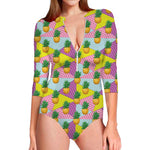 Zigzag Pineapple Pattern Print Long Sleeve Swimsuit