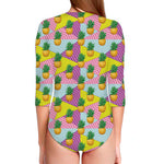Zigzag Pineapple Pattern Print Long Sleeve Swimsuit