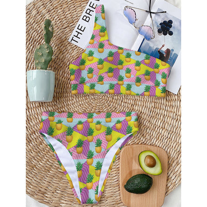Zigzag Pineapple Pattern Print One Shoulder Bikini Top